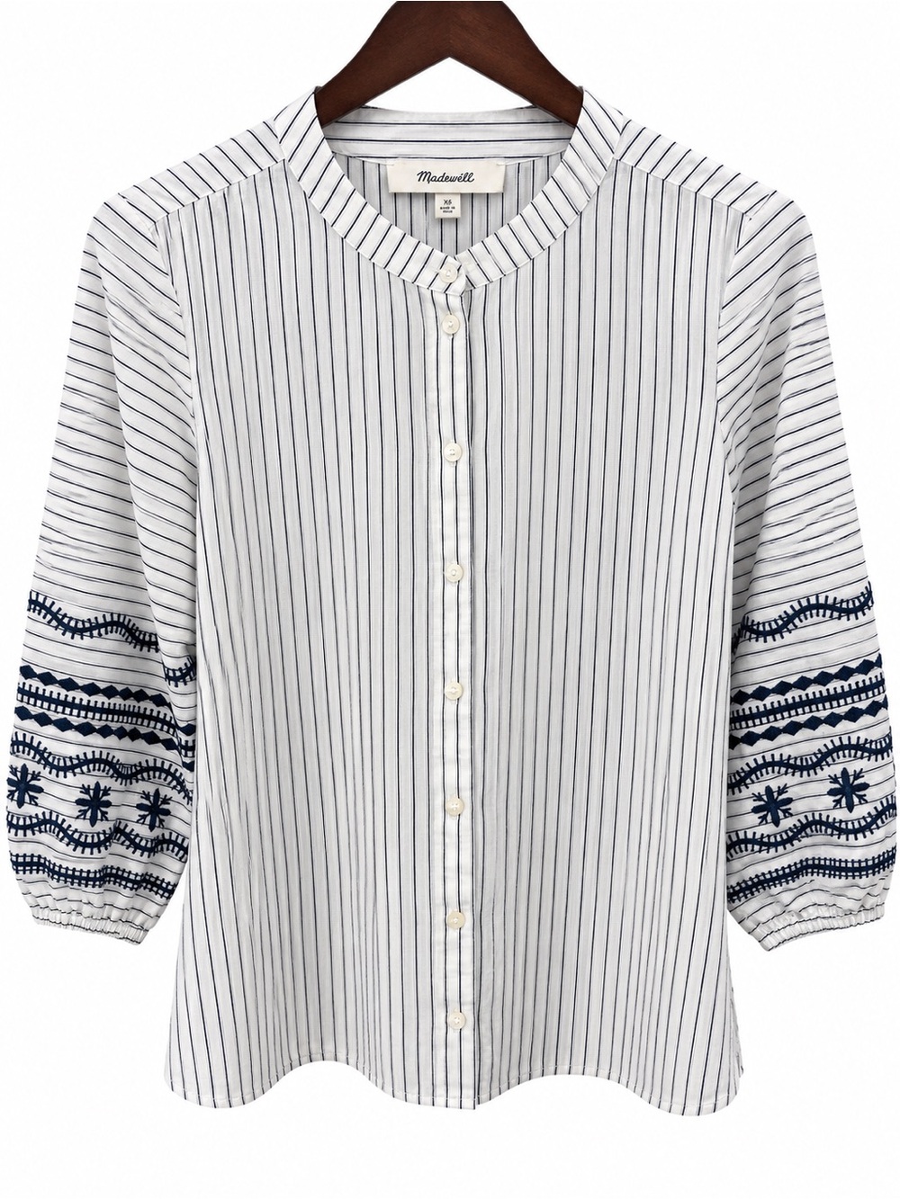 NWOT Madewell White Button-Front Pinstripe Shirt with Navy Embroidered Sleeves